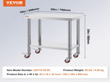 30x18x34 Inch Stainless Steel Work Table 3-Stage Adjustable Shelf with 4 Wheels Heavy Duty V952-CFGZT30X18X34YC01V0