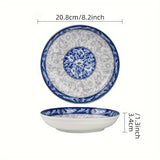 blue-and-white porcelain plate, 8.2-inch ceramic plate, floral design plate, microwave safe plate, V1102-122-59013-CYN-6PCS