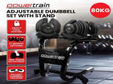 Powertrain 80kg Adjustable Dumbbell Set W Stand Home Gym Exercise Free Weights DMB-BF2-040-2S
