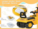 Yellow children's ride-on excavator puller, with horn, under-seat storage space, sit-and-slide V1197-WJ-071701