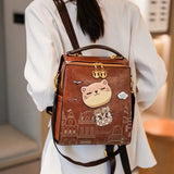Kawaii Backpack, Vintage College Style, Cat Castle Print, Large Capacity, Adjustable Strappink) V1232-YHSJB-PU-001