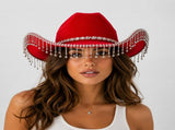 Western Cowboy Hat with Rhinestone Tassel Fringe - Red Felt-Style Party Hat with Decorative Chain V888-ELOSUNG57118-4