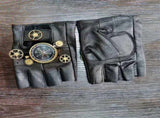 Steampunk Compass Half - Finger Gloves Pure Sheepskin with Gear Decor, Retro Mechanical Style, V1232-PKST002