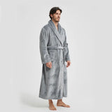 Men's Flannel Bathrobe Grey XL Size - Soft Coral Fleece Hooded Kimono Collar Dressing Gown Loose Fit V888-ELOSUNG54489