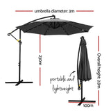 Instahut Outdoor Umbrella 3M Cantilever Beach LED Garden Shade Patio Charcoal UMB-BAN-8RIB-LED-CO