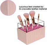 Leather Makeup Brush Cosmetic Organiser Storage Box with Pink Pearls and Acrylic Cover V178-18698