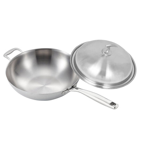 SOGA 18/10 Stainless Steel Fry Pan 34cm Frying Pan Top Grade Skillet with Helper Handle and Lid TRIFPO34