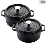 SOGA 2X Cast Iron 24cm Stewpot Casserole Stew Cooking Pot With Lid Black STEWPOT24CMBLACKX2