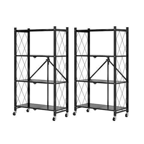 SOGA 2X 4 Tier Steel Black Foldable Kitchen Cart Multi-Functional Shelves Portable Storage Organizer KITCHENXY002X2