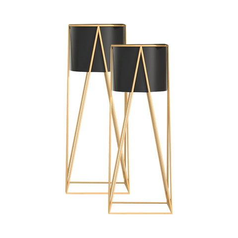 SOGA 2X 50cm Gold Metal Plant Stand with Black Flower Pot Holder Corner Shelving Rack Indoor Display FPOTH52BLKX2