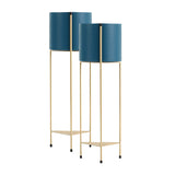 SOGA 2X 2 Layer 65cm Gold Metal Plant Stand with Blue Flower Pot Holder Corner Shelving Rack Indoor FPOTH65BLUX2