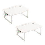 SOGA 2X White Portable Bed Table Adjustable Folding Mini Desk With Mini Drawer and Cup-Holder Home BEDTABLEM666X2