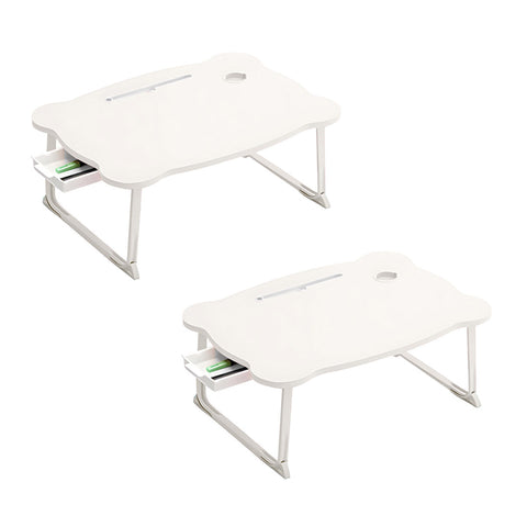 SOGA 2X White Portable Bed Table Adjustable Folding Mini Desk With Mini Drawer and Cup-Holder Home BEDTABLEM666X2