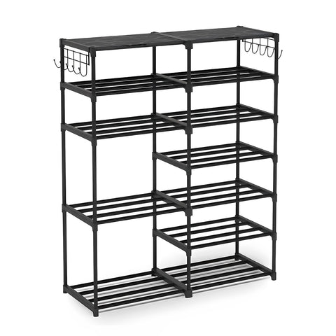 SOGA 12-Shelf Tier Shoe Storage Shelf Space-Saving Caddy Rack Organiser with Side Hooks Black RACK0001