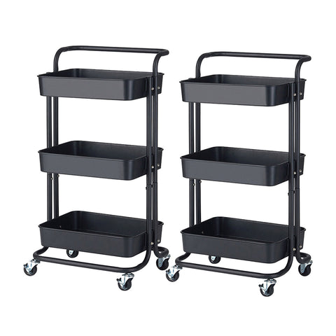 SOGA 2X 3 Tier Steel Black Movable Kitchen Cart Multi-Functional Shelves Portable Storage Organizer KITCHENXY004X2