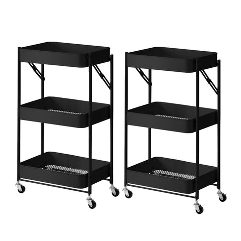 SOGA 2X 3 Tier Steel Black Foldable Kitchen Cart Multi-Functional Shelves Portable Storage Organizer KITCHENXY011X2