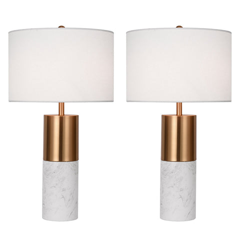 SOGA 2X 60cm White Marble Bedside Modern Desk Table Lamp Living Room Shade with Cylinder Base TABLELAMPH60X2