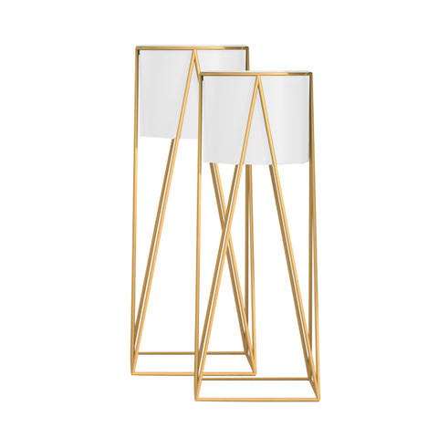 SOGA 2X 70cm Gold Metal Plant Stand with White Flower Pot Holder Corner Shelving Rack Indoor Display FPOTH72WHTX2