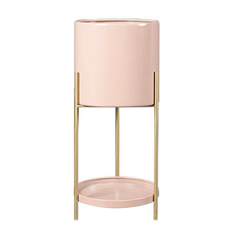 SOGA 2 Layer 42cm Gold Metal Plant Stand with Pink Flower Pot Holder Corner Shelving Rack Indoor FPOTH45PNK