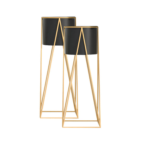 SOGA 2X 70cm Gold Metal Plant Stand with Black Flower Pot Holder Corner Shelving Rack Indoor Display FPOTH72BLKX2