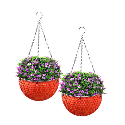 SOGA 2X Red Medium Hanging Resin Flower Pot Self Watering Basket Planter Outdoor Garden Decor HANGPOT12REDX2