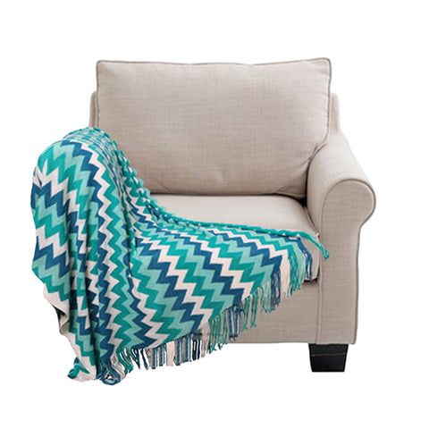 SOGA 220cm Blue Zigzag Striped Throw Blanket Acrylic Wave Knitted Fringed Woven Cover Couch Bed Sofa BLANKET920