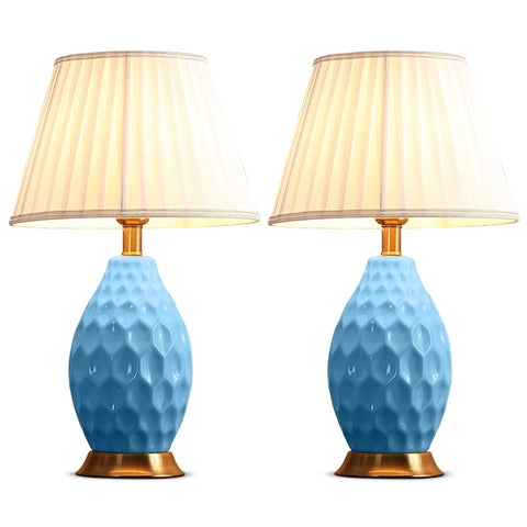 SOGA 2X Textured Ceramic Oval Table Lamp with Gold Metal Base Blue TABLELAMP180BLUEX2