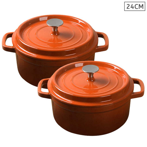 SOGA 2X Cast Iron 24cm Enamel Porcelain Stewpot Casserole Stew Cooking Pot With Lid Orange STEWPOT24CMORANGEX2