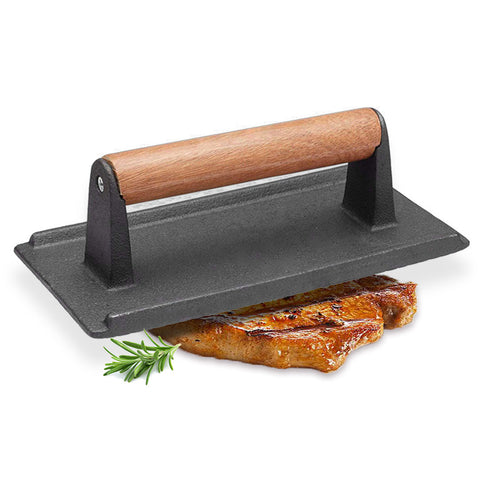 SOGA Cast Iron Bacon Meat Steak Press Grill BBQ with Wood Handle Weight Plate ZPAIA9