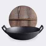 SOGA 2X 36CM Commercial Cast Iron Wok FryPan with Wooden Lid Fry Pan ZPAIB1X2