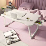 SOGA 2X White Portable Bed Table Adjustable Folding Mini Desk With Mini Drawer and Cup-Holder Home BEDTABLEM666X2