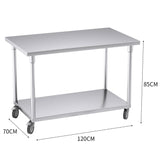 SOGA 120cm Commercial Catering Kitchen Stainless Steel Prep Work Bench Table with Wheels WORKBENCHSS8009120CM