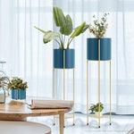 SOGA 4X 2 Layer 81cm Gold Metal Plant Stand with Blue Flower Pot Holder Corner Shelving Rack Indoor FPOTH85BLUX4