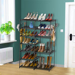 SOGA 12-Shelf Tier Shoe Storage Shelf Space-Saving Caddy Rack Organiser with Side Hooks Black RACK0001