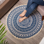 SOGA 2X Dark Blue Carpet Soft Linen Bohemian Non-Slip Floor Retro Minimalist Round Rug Home Decor CARPETRAG5X2