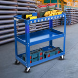 SOGA 2X 3 Tier Tool Storage Cart Portable Service Utility Heavy Duty Mobile Trolley with Hooks Blue TOOLCART608X2