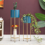 SOGA 4X 2 Layer 65cm Gold Metal Plant Stand with Blue Flower Pot Holder Corner Shelving Rack Indoor FPOTH65BLUX4