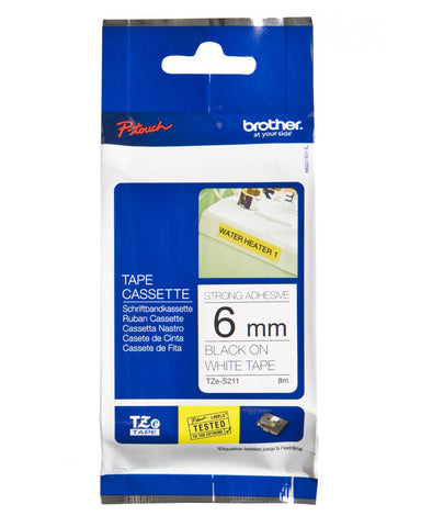 Brother TZES211 | 6mm Black on White Strong Adhesive TZE Tape 003.025.0211