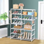 SOGA 2X 12-Shelf Tier Shoe Storage Shelf Space-Saving Caddy Rack Organiser with Side Hooks White RACK0002X2