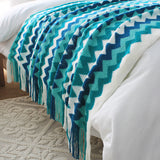 SOGA 220cm Blue Zigzag Striped Throw Blanket Acrylic Wave Knitted Fringed Woven Cover Couch Bed Sofa BLANKET920