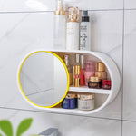 SOGA 39cm Oval Wall-Mounted Mirror Storage Box Vanity Mirror Rack Bathroom Adhesive Shelf Home BATHG323