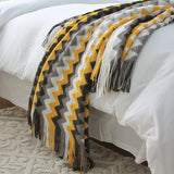 SOGA 2X 220cm Yellow Zigzag Striped Throw Blanket Acrylic Wave Knitted Fringed Woven Cover Couch Bed BLANKET918X2