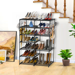 SOGA 2X 12-Shelf Tier Shoe Storage Shelf Space-Saving Caddy Rack Organiser with Side Hooks Black RACK0001X2