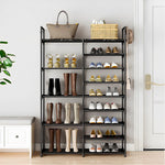 SOGA 12-Shelf Tier Shoe Storage Shelf Space-Saving Caddy Rack Organiser with Side Hooks Black RACK0001