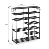 SOGA 12-Shelf Tier Shoe Storage Shelf Space-Saving Caddy Rack Organiser with Side Hooks Black RACK0001