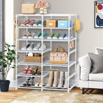 SOGA 12-Shelf Tier Shoe Storage Shelf Space-Saving Caddy Rack Organiser with Side Hooks White RACK0002