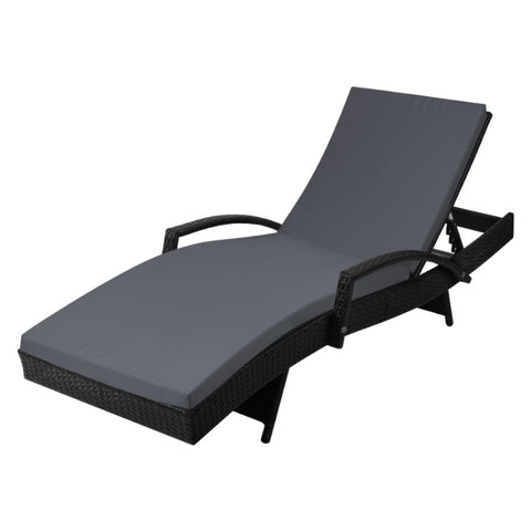 Gardeon Sun Lounge Wicker Lounger Outdoor Furniture Beach Chair Patio Adjustable Cushion Black FF-LOUNGE-ARM-BK