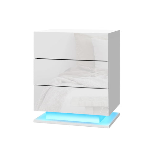 Artiss Bedside Table LED 3 Drawers - MORI White FURNI-O-LED-BS-02-WH