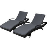 Gardeon 2PC Sun Lounge Wicker Lounger Outdoor Furniture Beach Chair Patio Adjustable Cushion Black FF-LOUNGE-ARM-BKX2