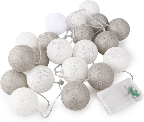 1 Set of 20 LED Grey White 5cm Cotton Ball Battery Powered String Lights Gift Home Wedding Party V382-GREYWHITEBALLBATT20